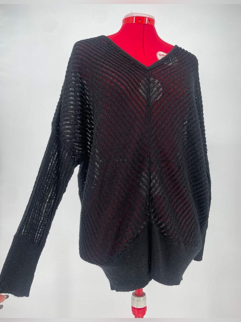 Black Sheer Knit Grunge Oversized Slouchy Knit V-neck Sweater Silver Glitters